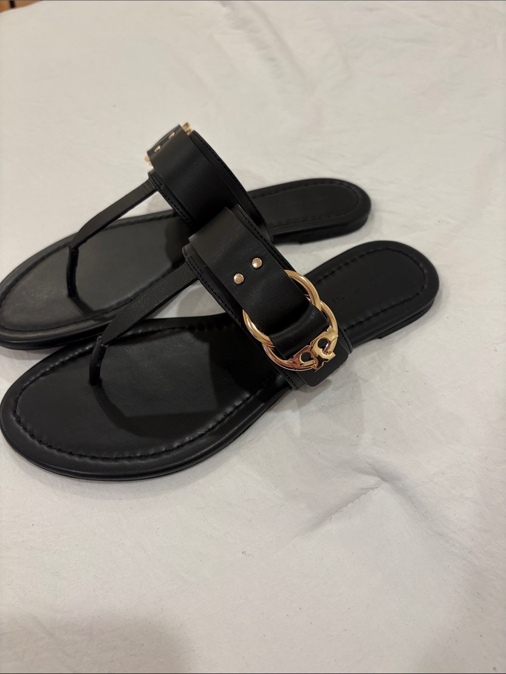 Tory Burch Black Leather Thong Sandals with Gold Hardware